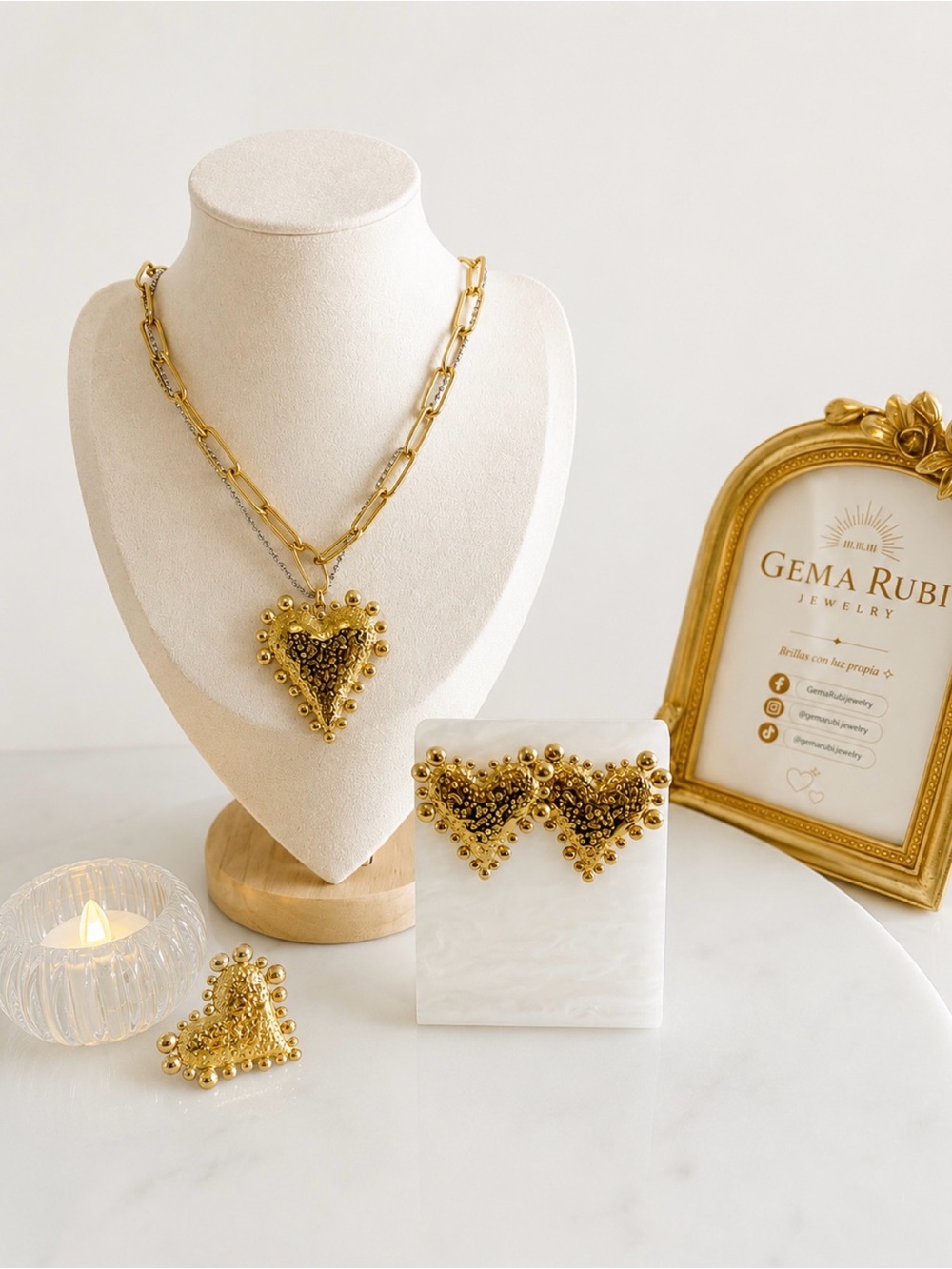 Gema Rubi Gold Heart Pendant Necklace with Matching Earrings & ring